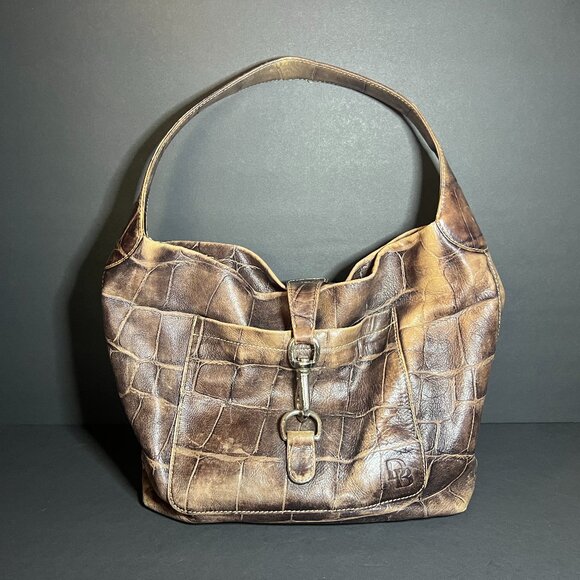 Dooney & Bourke Brown Hobo Chic Croc Embossed Leather Shoulder Bag Handbag Purse - Picture 1 of 15